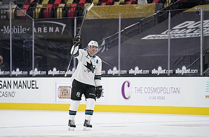 Apr 19, 2021; Las Vegas, Nevada, USA;  San Jose Sharks center Patrick Marleau (12) reacts after an NHL hockey game against the Vegas Golden Knights at T-Mobile Arena. Marleau passed Gordie Howe for most NHL games played on Monday. Mandatory Credit:  John Locher/POOL PHOTOS-USA TODAY Sports