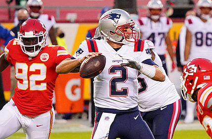 Oct 5, 2020; Kansas City, Missouri, USA; New England Patriots quarterback Brian Hoyer (2) throws a pass against the Kansas City Chiefs during the second quarter of a NFL game at Arrowhead Stadium. Mandatory Credit: Jay Biggerstaff-USA TODAY Sports