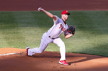 May 1, 2021; Philadelphia, Pennsylvania, USA; Philadelphia Phillies starting pitcher Zack Wheeler (45) throws against the New York Mets in the first inning at Citizens Bank Park. Mandatory Credit: Kam Nedd-USA TODAY Sports