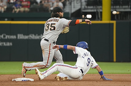 Jun 8, 2021; Arlington, Texas, USA; San Francisco Giants shortstop Brandon Crawford (35) throws to first base after forcing out Texas Rangers shortstop Isiah Kiner-Falefa (9) completing the double play during the third inning at Globe Life Field. Mandatory Credit: Jim Cowsert-USA TODAY Sports