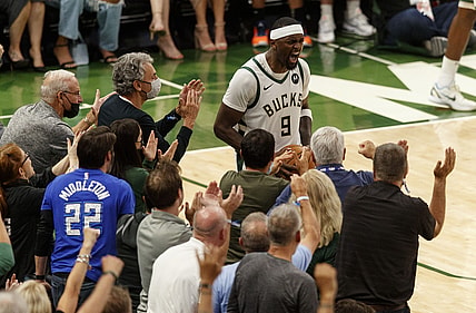 Jul 1, 2021; Milwaukee, Wisconsin, USA;  Milwaukee Bucks forward Bobby Portis (9) reacts to a play during the fourth quarter against the Atlanta Hawks during game five of the Eastern Conference Finals for the 2021 NBA Playoffs at Fiserv Forum. Mandatory Credit: Jeff Hanisch-USA TODAY Sports