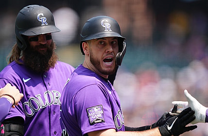 Aug 8, 2021; Denver, Colorado, USA; Colorado Rockies first baseman C.J. Cron (25) celebrates his three run home run in the first inning against the Miami Marlins at Coors Field. Mandatory Credit: Ron Chenoy-USA TODAY Sports