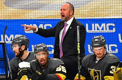 Jun 16, 2021; Las Vegas, Nevada, USA; Vegas Golden Knights head coach Pete DeBoer argues a call during the third period against the Montreal Canadiens in game two of the 2021 Stanley Cup Semifinals at T-Mobile Arena. Mandatory Credit: Stephen R. Sylvanie-USA TODAY Sports