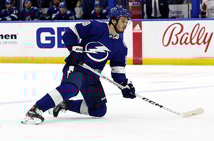 Nov 13, 2022; Tampa, Florida, USA; Tampa Bay Lightning defenseman Mikhail Sergachev (98) scores against the Washington Capitals during the first period at Amalie Arena. Mandatory Credit: Kim Klement-USA TODAY Sports