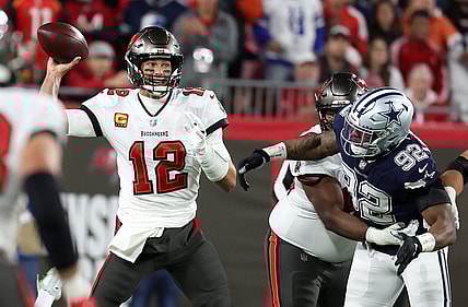 Jan 16, 2023; Tampa, Florida, USA; Tampa Bay Buccaneers quarterback Tom Brady (12) drops back to pass against the Dallas Cowboys in the first half during the wild card game at Raymond James Stadium. Mandatory Credit: Kim Klement-USA TODAY Sports
