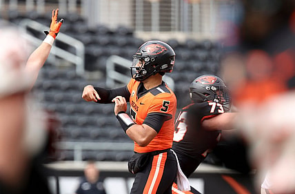 Oregon State quarterback DJ Uiagalelei (5) passes the ball during the spring showcase at Reser Stadium, Saturday, April 22, 2023, in Corvallis, Ore.

Oregon State Spring Game679