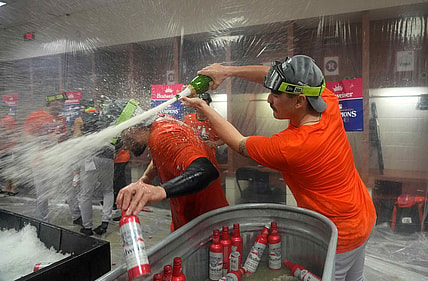 Oct 1, 2023; Phoenix, Arizona, USA; Houston Astros pitcher JP France celebrates after clinching the American League west division with their victory over the Arizona Diamondbacks at Chase Field. Mandatory Credit: Joe Camporeale-USA TODAY Sports
