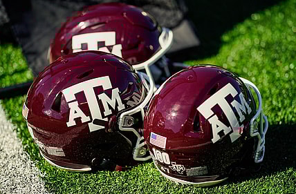 Oct 16, 2021; Columbia, Missouri, USA; A detailed view of Texas A&M Aggies helmets during the second half against the Missouri Tigers at Faurot Field at Memorial Stadium. Mandatory Credit: Jay Biggerstaff-USA TODAY Sports
