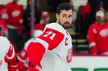 Jan 19, 2024; Raleigh, North Carolina, USA; Detroit Red Wings center Dylan Larkin (71) looks on during the warmups before the game against the Carolina Hurricanes at PNC Arena. Mandatory Credit: James Guillory-USA TODAY Sports