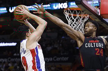 Mar 5, 2024; Miami, Florida, USA; Miami Heat forward Haywood Highsmith (24) defends Detroit Pistons forward Simone Fontecchio (19) during the first half at Kaseya Center. Mandatory Credit: Rhona Wise-USA TODAY Sports