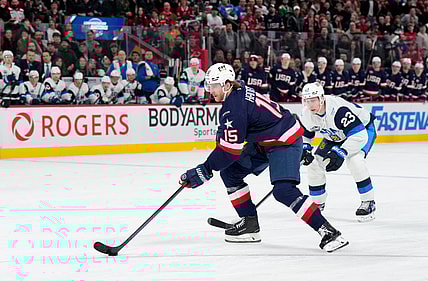 Vegas Golden Knights defenseman Noah Hanifin on a breakaway for Team USA. (Photo/Screenshot- Vegas Golden Knights via Twitter)