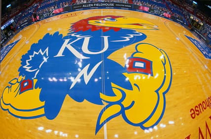 Feb 11, 2021; Lawrence, Kansas, USA; A general view of the Kansas Jayhawks center court logo at Allen Fieldhouse before a game against the Iowa State Cyclones. Mandatory Credit: Denny Medley-USA TODAY Sports
