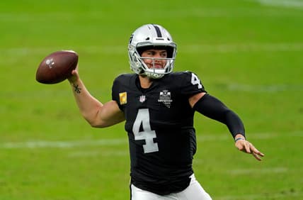 Nov 15, 2020; Paradise, Nevada, USA; Las Vegas Raiders quarterback Derek Carr (4) looks to pass against the Denver Broncos during the first half at Allegiant Stadium. Mandatory Credit: Kirby Lee-USA TODAY Sports