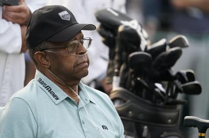 Apr 8, 2021; Augusta, Georgia, USA; Honorary starter Lee Elder watches on the 1st tee during the first round of The Masters golf tournament. Mandatory Credit: Rob Schumacher-USA TODAY Sports