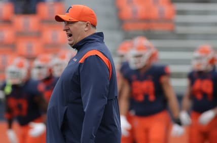 Oct 30, 2021; Champaign, Illinois, USA; Illinois Fighting Illini head coach Bret Bielema before the start of Saturday s NCAA football game with the Rutgers Scarlet Knights at Memorial Stadium. Mandatory Credit: Ron Johnson-USA TODAY Sports