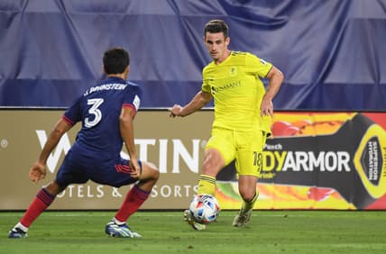 Jul 17, 2021; Nashville, TN, USA; Nashville SC defender Dylan Nealis (18) passes the ball while defended by Chicago Fire defender Jonathan Bornstein (3) during the second half at Nissan Stadium. Mandatory Credit: Christopher Hanewinckel-USA TODAY Sports