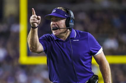 Oct 23, 2021; Fort Worth, Texas, USA;  TCU Horned Frogs head coach Gary Patterson reacts during the first half against the West Virginia Mountaineers at Amon G. Carter Stadium. Mandatory Credit: Kevin Jairaj-USA TODAY Sports