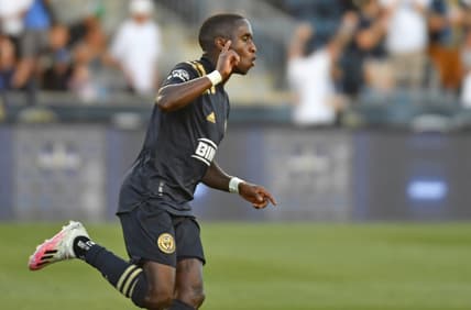 Jun 23, 2021; Chester, Pennsylvania, USA; Philadelphia Union midfielder Jamiro Monteiro (10) celebrates his goal against the Columbus Crew during the first half at Subaru Park . Mandatory Credit: Eric Hartline-USA TODAY Sports