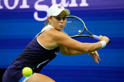 Sep 4, 2021; Flushing, NY, USA; Ashleigh Barty of Australia hits to Shelby Rogers of the USA on day six of the 2021 U.S. Open tennis tournament at USTA Billie Jean King National Tennis Center. Mandatory Credit: Robert Deutsch-USA TODAY Sports