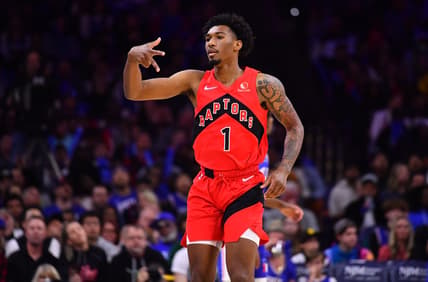Mar 20, 2022; Philadelphia, Pennsylvania, USA; Toronto Raptors guard Armoni Brooks (1) reacts after scoring a three point shot in the fourth quarter against the Philadelphia 76ers at Wells Fargo Center. Mandatory Credit: Kyle Ross-USA TODAY Sports