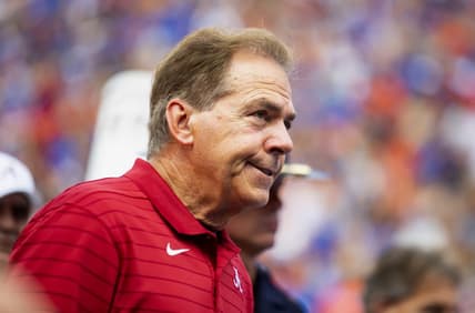 Sep 18, 2021; Gainesville, Florida, USA; Alabama Crimson Tide head coach Nick Saban reacts against the Florida Gators at Ben Hill Griffin Stadium. Mandatory Credit: Mark J. Rebilas-USA TODAY Sports