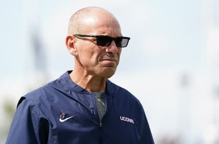 Sep 11, 2021; East Hartford, Connecticut, USA;  Connecticut Huskies defensive coordinator Lou Spanos. Mandatory Credit: David Butler II-USA TODAY Sports