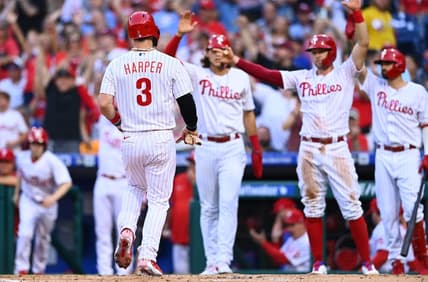 Aug 27, 2022; Philadelphia, Pennsylvania, USA; Philadelphia Phillies outfielder Bryce Harper (3) crosses the plate to score against the Pittsburgh Pirates in the first inning at Citizens Bank Park. Mandatory Credit: Kyle Ross-USA TODAY Sports