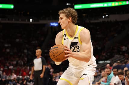Oct 24, 2022; Houston, Texas, USA; Utah Jazz forward Lauri Markkanen (23) passes against the Houston Rockets at the Toyota Center. Mandatory Credit: Thomas Shea-USA TODAY Sports