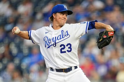 Sep 20, 2022; Kansas City, Missouri, USA; Kansas City Royals starting pitcher Zack Greinke (23) pitches against the Minnesota Twins during the first inning at Kauffman Stadium. Mandatory Credit: Jay Biggerstaff-USA TODAY Sports