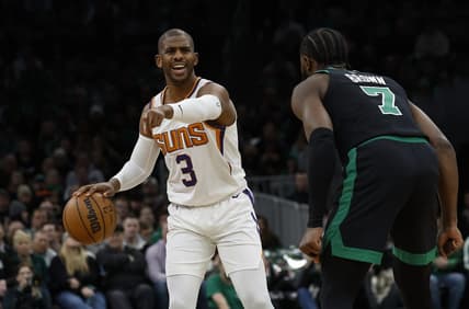 Feb 3, 2023; Boston, Massachusetts, USA; Phoenix Suns guard Chris Paul (3) directs teammates against the Boston Celtics during the first quarter at TD Garden. Mandatory Credit: Winslow Townson-USA TODAY Sports