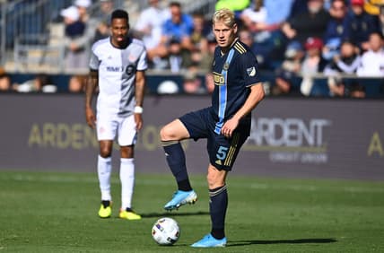 Oct 9, 2022; Philadelphia, Pennsylvania, USA; Philadelphia Union defender Jakob Glesnes (5) controls the ball against Toronto FC in the first half at Subaru Park. Mandatory Credit: Kyle Ross-USA TODAY Sports