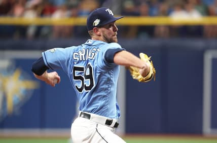 Apr 8, 2023; St. Petersburg, Florida, USA; Tampa Bay Rays starting pitcher Jeffrey Springs (59) throws a pitch against the Oakland Athletics during the second inning at Tropicana Field. Mandatory Credit: Kim Klement-USA TODAY Sports