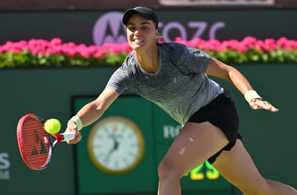 Mar 12, 2023; Indian Wells, CA, USA;   Anhelina Kalinina (UKR)  hits a shot in her third round match against Maria Sakkari (GRE) in the BNP Paribas Open at the Indian Wells Tennis Garden. Mandatory Credit: Jayne Kamin-Oncea-USA TODAY Sports
