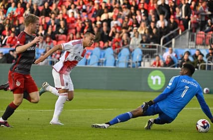 May 6, 2023; Toronto, Ontario, CAN;   New England Revolution forward Bobby Wood (17) scores a goal past Toronto FC goalkeeper Sean Johnson (1) in the first half at BMO Field. Mandatory Credit: Dan Hamilton-USA TODAY Sports
