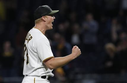 May 8, 2023; Pittsburgh, Pennsylvania, USA;  Pittsburgh Pirates starting pitcher Mitch Keller (23) reacts after pitching a complete game four hit shutout against the Colorado Rockies at PNC Park. The Pirates shutout the Rockies 2-0. Mandatory Credit: Charles LeClaire-USA TODAY Sports