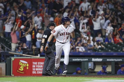 May 17, 2023; Houston, Texas, USA; Houston Astros center fielder Jake Meyers (6) hits a home run during the ninth inning against the Chicago Cubs at Minute Maid Park. Mandatory Credit: Troy Taormina-USA TODAY Sports