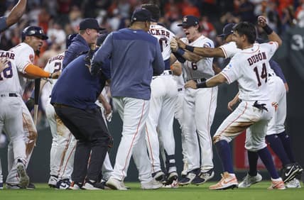 May 17, 2023; Houston, Texas, USA; Houston Astros center fielder Jake Meyers (6) celebrates with teammates after the Astros defeated the Chicago Cubs at Minute Maid Park. Mandatory Credit: Troy Taormina-USA TODAY Sports