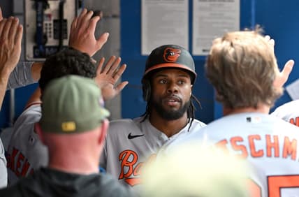 May 21, 2023; Toronto, Ontario, CAN;  Baltimore Orioles center fielder Cedric Mullins (31) celebrates after scoring against the Toronto Blue Jays in the third inning at Rogers Centre. Mandatory Credit: Dan Hamilton-USA TODAY Sports