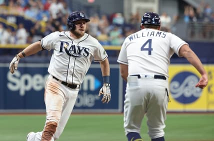 Jun 6, 2023; St. Petersburg, Florida, USA; Tampa Bay Rays right fielder Luke Raley (55) is congratulated by third base coach Brady Williams (4) after he hit a 2-home run against the Minnesota Twins during the fifth inning at Tropicana Field. Mandatory Credit: Kim Klement-USA TODAY Sports