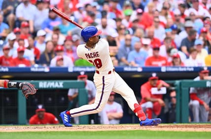 Jul 1, 2023; Philadelphia, Pennsylvania, USA; Philadelphia Phillies outfielder Cristian Pache (19) hits an RBI double against the Washington Nationals in the third inning at Citizens Bank Park. Mandatory Credit: Kyle Ross-USA TODAY Sports