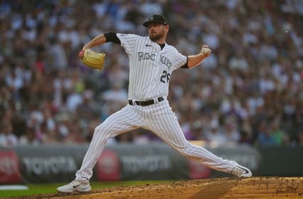 Jul 14, 2023; Denver, Colorado, USA; Colorado Rockies starting pitcher Austin Gomber (26) pitches in fourth inning against the New York Yankees at Coors Field. Mandatory Credit: Ron Chenoy-USA TODAY Sports