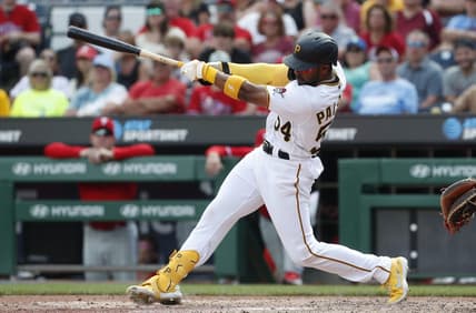 Jul 30, 2023; Pittsburgh, Pennsylvania, USA; Pittsburgh Pirates center fielder Josh Palacios (54) hits a game winning two run home run against the Philadelphia Phillies during the tenth inning at PNC Park. Mandatory Credit: Charles LeClaire-USA TODAY Sports