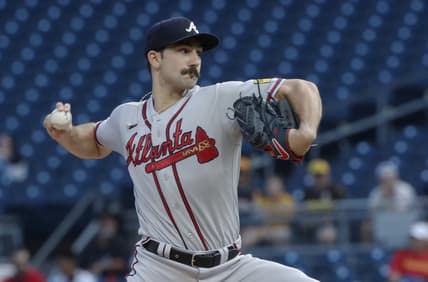 Aug 7, 2023; Pittsburgh, Pennsylvania, USA;  Atlanta Braves starting pitcher Spencer Strider (99) delivers a pitch against the Pittsburgh Pirates during the first inning at PNC Park. Mandatory Credit: Charles LeClaire-USA TODAY Sports