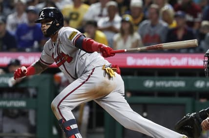 Aug 8, 2023; Pittsburgh, Pennsylvania, USA;  Atlanta Braves shortstop Orlando Arcia (11) hits a game winning two-run double against the Pittsburgh Pirates during the ninth inning at PNC Park. Atlanta won 8-6. Mandatory Credit: Charles LeClaire-USA TODAY Sports
