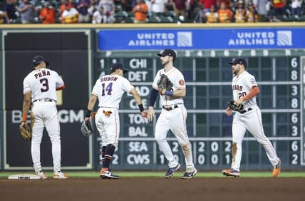 Aug 22, 2023; Houston, Texas, USA; Houston Astros right fielder Kyle Tucker (30) celebrates with teammates after the game against the Boston Red Sox at Minute Maid Park. Mandatory Credit: Troy Taormina-USA TODAY Sports