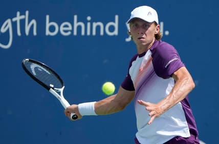 Emil Ruusuvuori of Finland makes a shot to Alexei Popyrin of Australia during the 3rd round of the Western & Southern Open at the Lindner Family Tennis Center in Mason Thursday, August, 17, 2023.