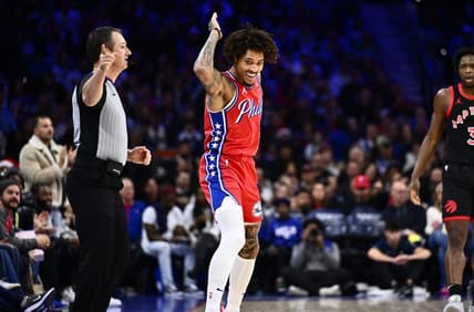 Dec 22, 2023; Philadelphia, Pennsylvania, USA; Philadelphia 76ers guard Kelly Oubre Jr (9) reacts against the Toronto Raptors in the second quarter at Wells Fargo Center. Mandatory Credit: Kyle Ross-USA TODAY Sports