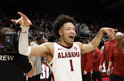 Jan 24, 2024; Tuscaloosa, Alabama, USA; Alabama Crimson Tide guard Mark Sears (1) celebrates the victory over the Auburn Tigers during the second half at Coleman Coliseum. Mandatory Credit: Butch Dill-USA TODAY Sports