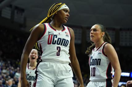 Feb 16, 2024; Storrs, Connecticut, USA; UConn Huskies forward Aaliyah Edwards (3) reacts after blocking a shot from the Georgetown Hoyas in the first half at Harry A. Gampel Pavilion. Mandatory Credit: David Butler II-USA TODAY Sports