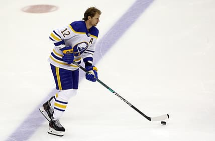 Mar 24, 2021; Pittsburgh, Pennsylvania, USA; Buffalo Sabres center Eric Staal (12) warms up before playing the Pittsburgh Penguins at PPG Paints Arena. Mandatory Credit: Charles LeClaire-USA TODAY Sports